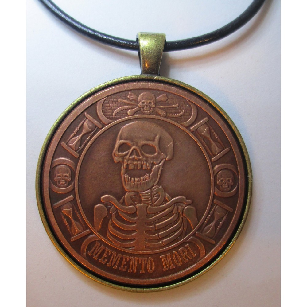 Memento Mori The Last Laugh  24+ Inch Leather Necklace, Copper Coin Pendant